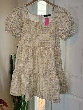 Simply Southern White Tweed Short Puff Sleeve‎ Layered Spring Dress, Size L